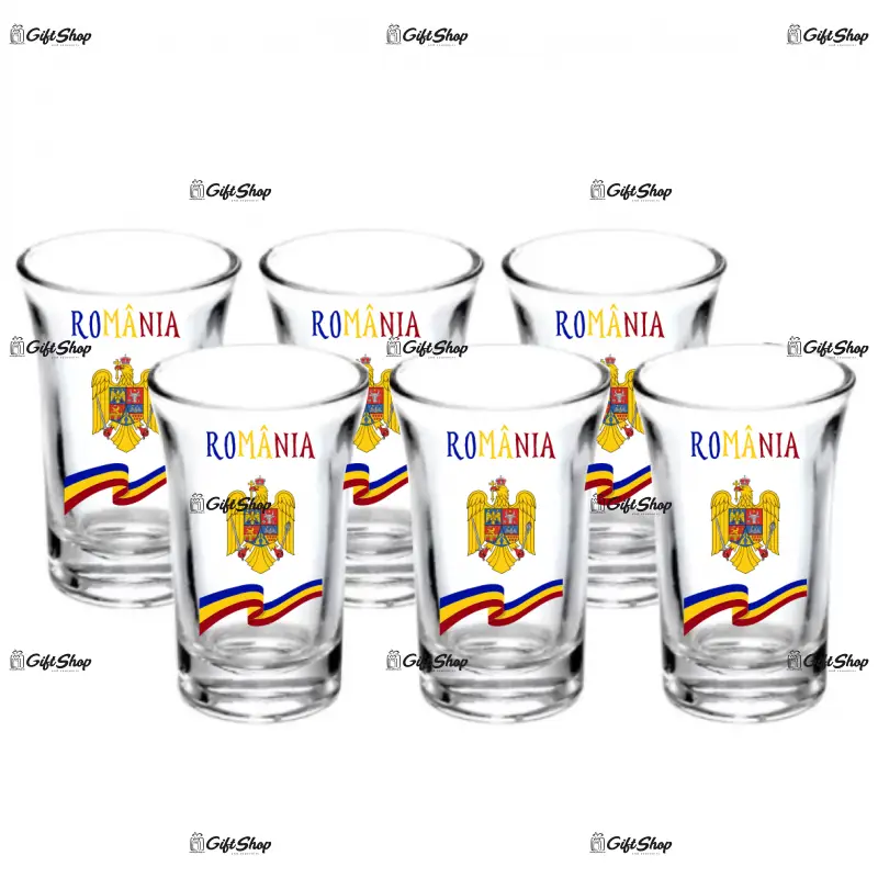 Romania stema si steag, set 6 pahare shout, model 54bs